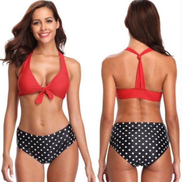 Other - Highwaisted Retro Bikini Red Top Polka Dot Bottoms MEDIUM